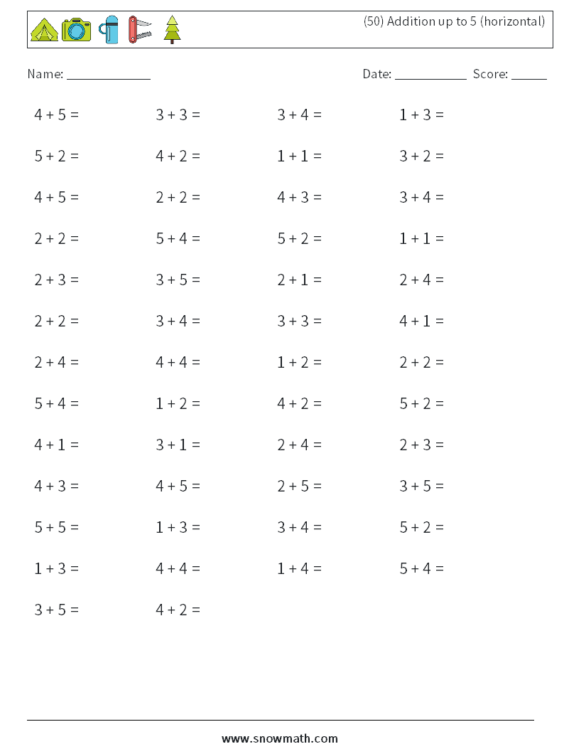 (50) Addition up to 5 (horizontal) Math Worksheets 8