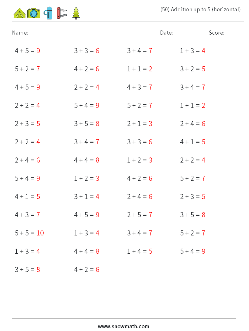 (50) Addition up to 5 (horizontal) Math Worksheets 8 Question, Answer