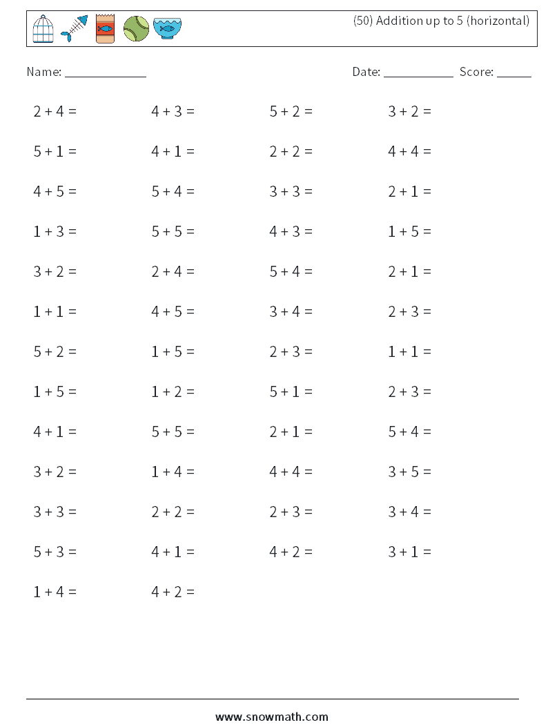 (50) Addition up to 5 (horizontal) Math Worksheets 9