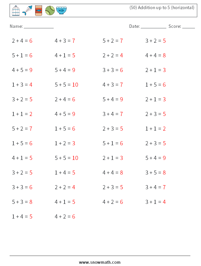 (50) Addition up to 5 (horizontal) Math Worksheets 9 Question, Answer