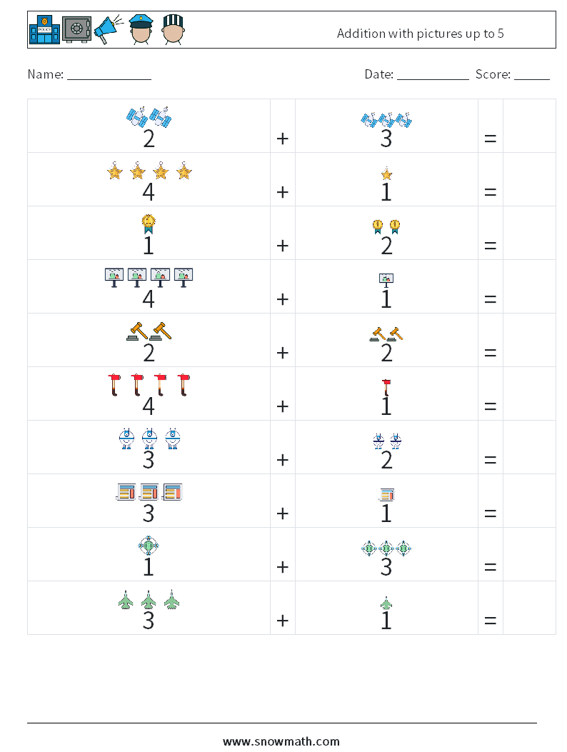 Addition with pictures up to 5 Math Worksheets 12