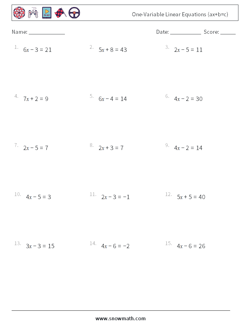 One-Variable Linear Equations (ax+b=c) Math Worksheets 1