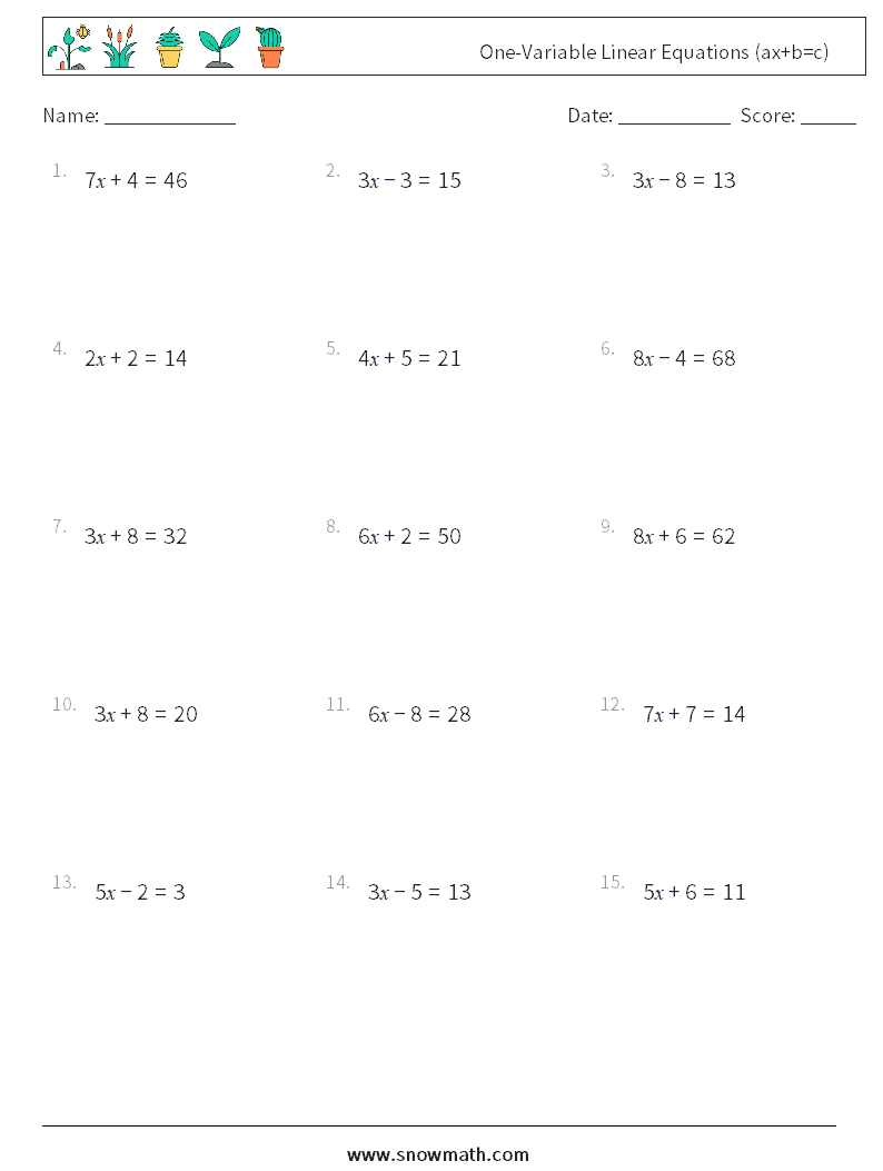 One-Variable Linear Equations (ax+b=c) Math Worksheets 11