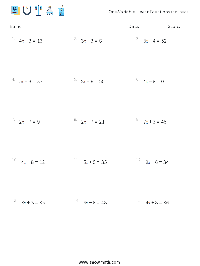 One-Variable Linear Equations (ax+b=c) Math Worksheets 12