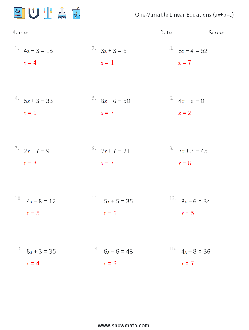 One-Variable Linear Equations (ax+b=c) Math Worksheets 12 Question, Answer