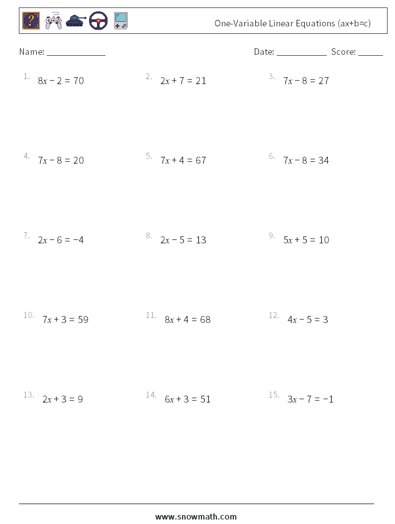 One-Variable Linear Equations (ax+b=c) Math Worksheets 13