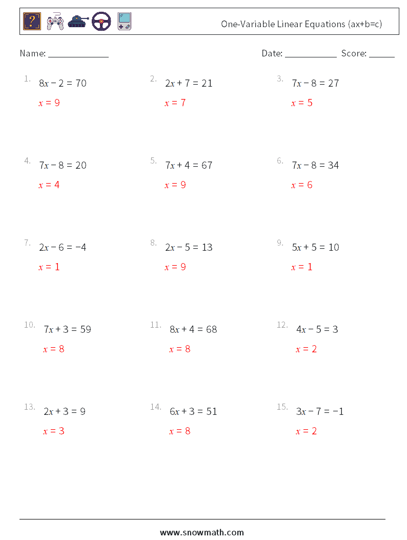 One-Variable Linear Equations (ax+b=c) Math Worksheets 13 Question, Answer