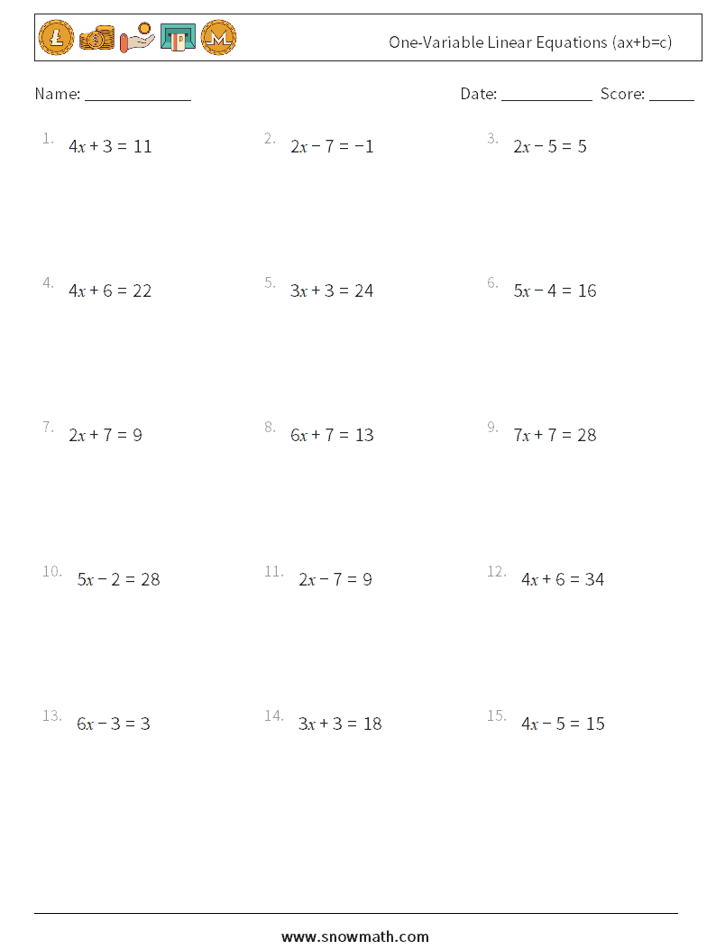 One-Variable Linear Equations (ax+b=c) Math Worksheets 14