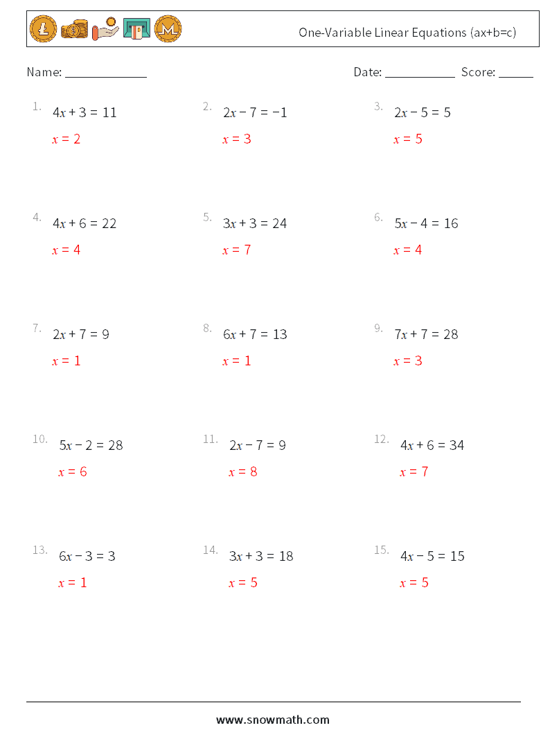 One-Variable Linear Equations (ax+b=c) Math Worksheets 14 Question, Answer