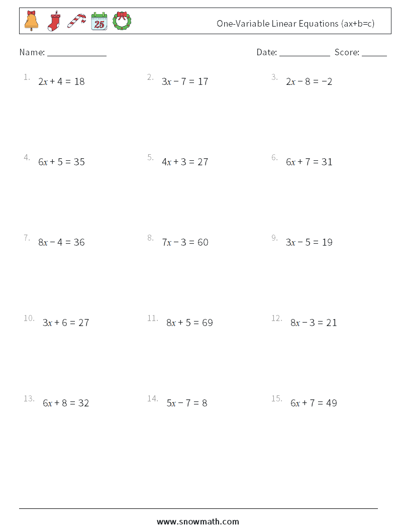 One-Variable Linear Equations (ax+b=c) Math Worksheets 15