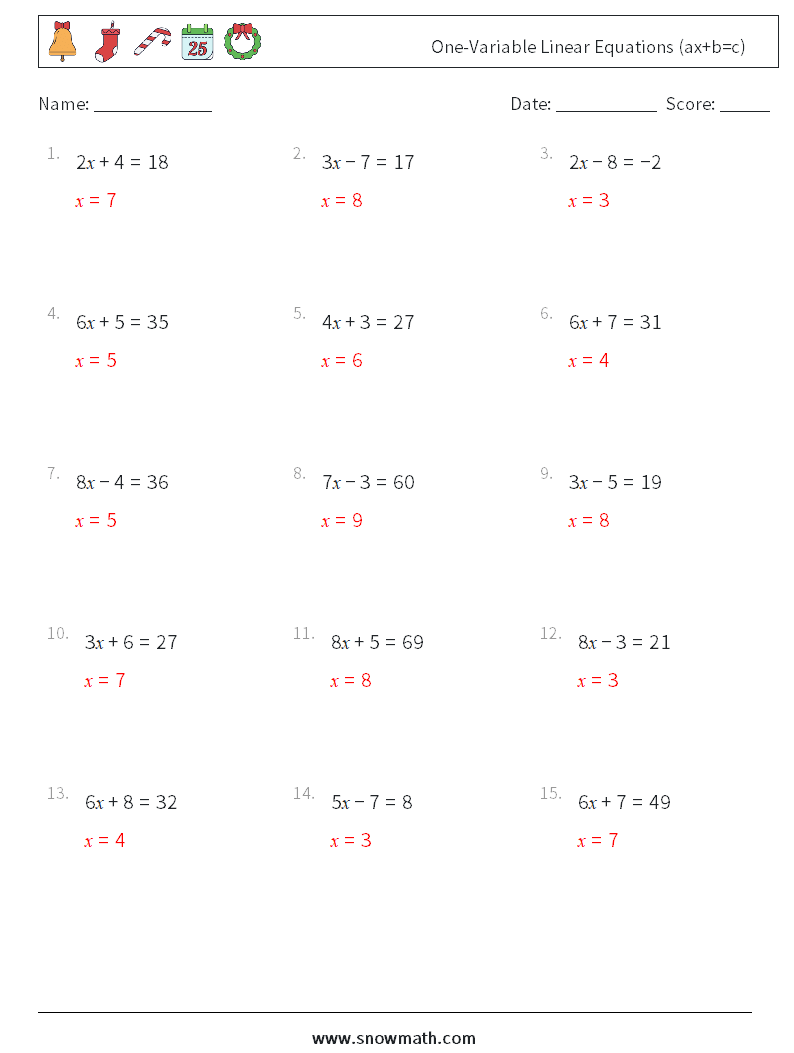 One-Variable Linear Equations (ax+b=c) Math Worksheets 15 Question, Answer