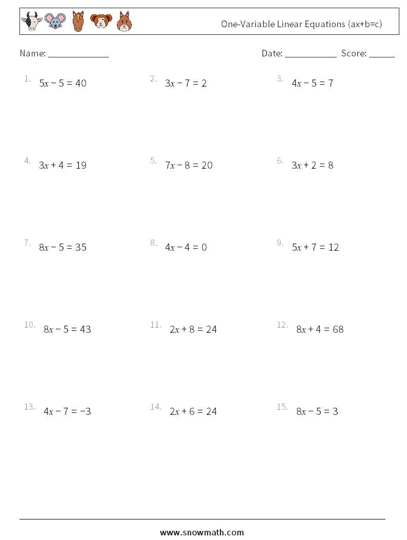 One-Variable Linear Equations (ax+b=c) Math Worksheets 16