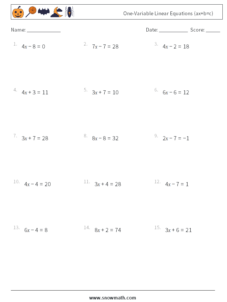 One-Variable Linear Equations (ax+b=c) Math Worksheets 17