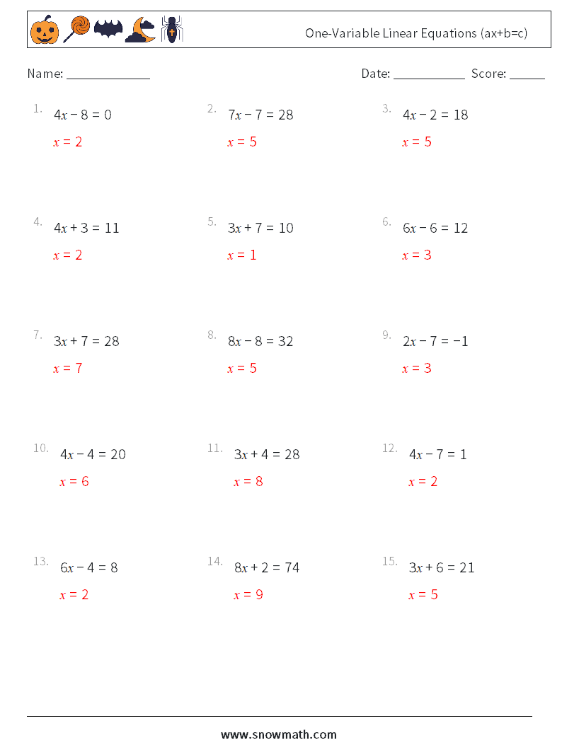 One-Variable Linear Equations (ax+b=c) Math Worksheets 17 Question, Answer