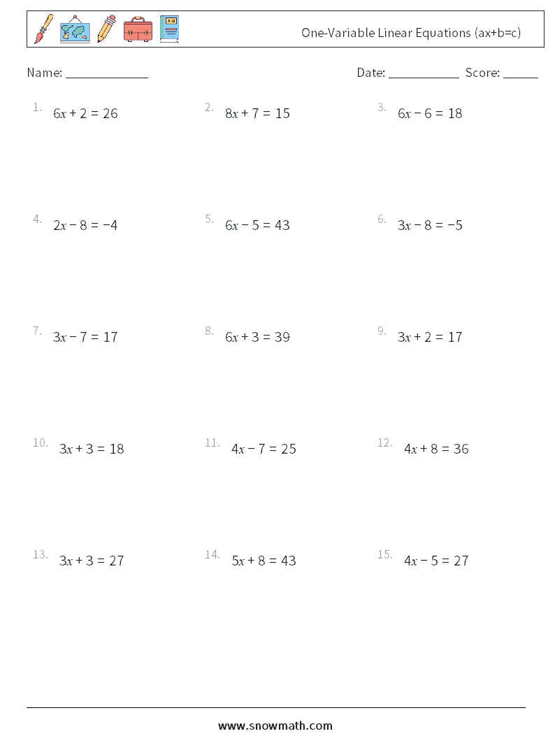 One-Variable Linear Equations (ax+b=c) Math Worksheets 18