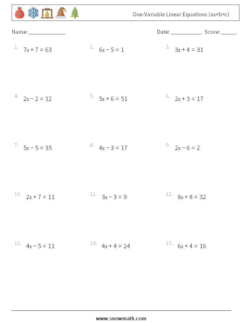 One-Variable Linear Equations (ax+b=c) Math Worksheets 2