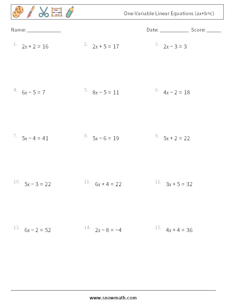 One-Variable Linear Equations (ax+b=c) Math Worksheets 3