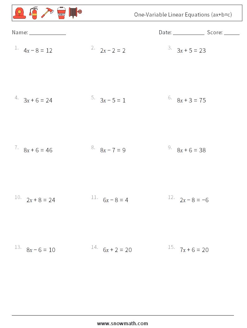 One-Variable Linear Equations (ax+b=c) Math Worksheets 4