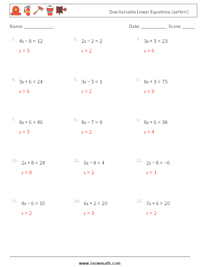 One-Variable Linear Equations (ax+b=c) Math Worksheets 4 Question, Answer