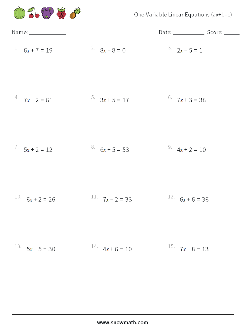One-Variable Linear Equations (ax+b=c) Math Worksheets 6