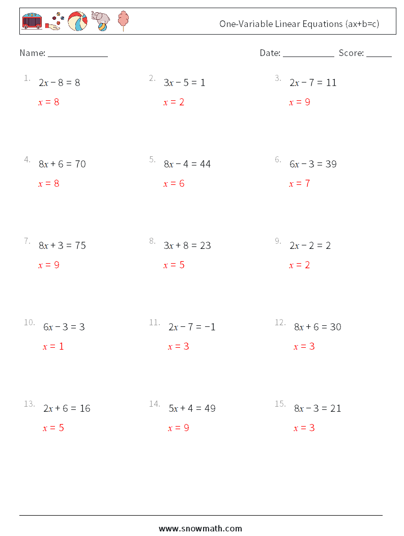 One-Variable Linear Equations (ax+b=c) Math Worksheets 8 Question, Answer