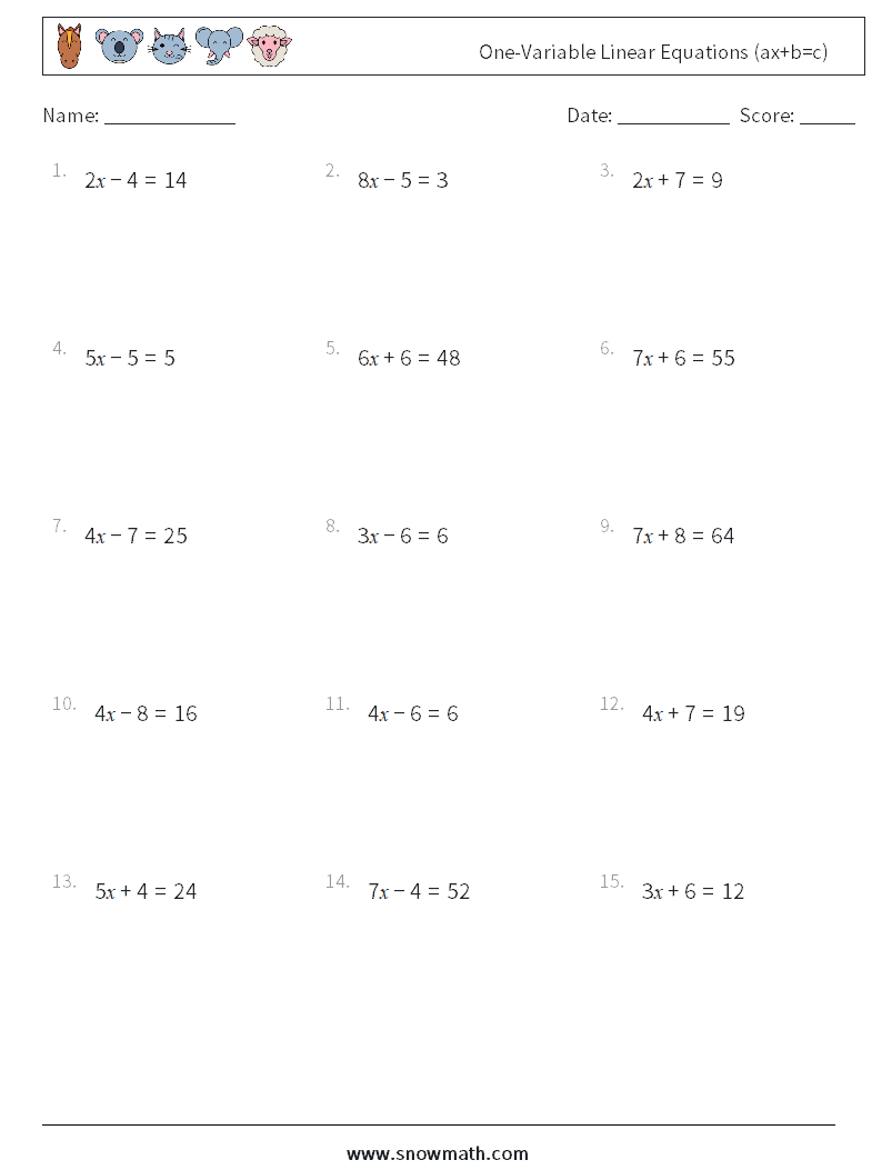 One-Variable Linear Equations (ax+b=c) Math Worksheets 9