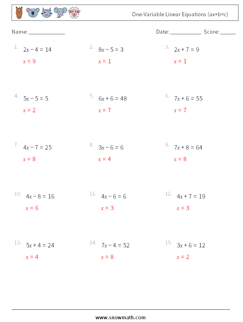 One-Variable Linear Equations (ax+b=c) Math Worksheets 9 Question, Answer