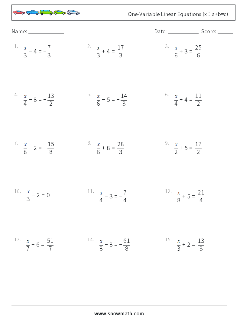 Canada one-variable linear equations (x÷a+b=c) Math Worksheets 1Math ...