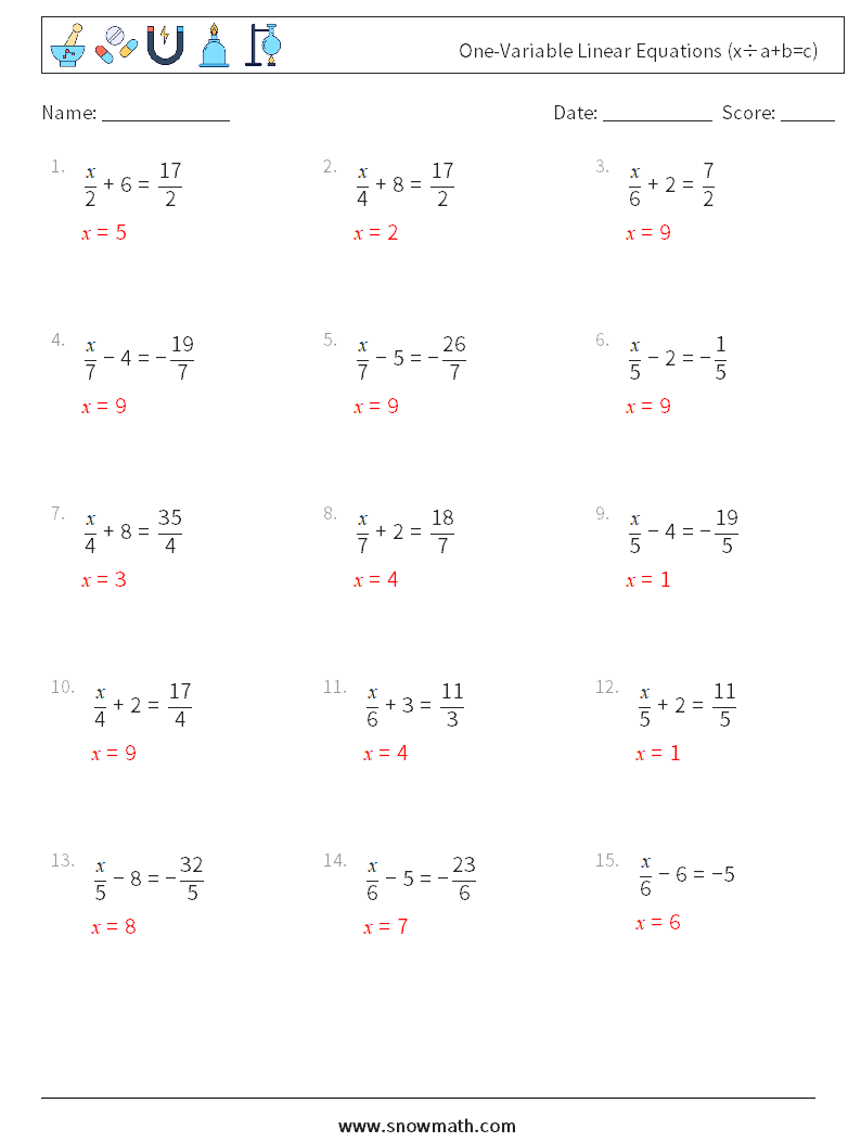 Canada one-variable linear equations (x÷a+b=c) Math Worksheets 17Math ...