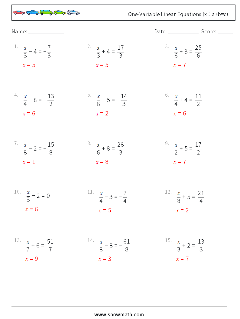 Canada one-variable linear equations (x÷a+b=c) Math Worksheets 1Math ...