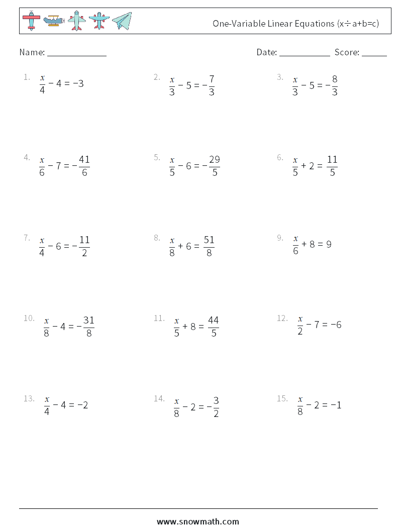 Canada one-variable linear equations (x÷a+b=c) Math Worksheets 2Math ...