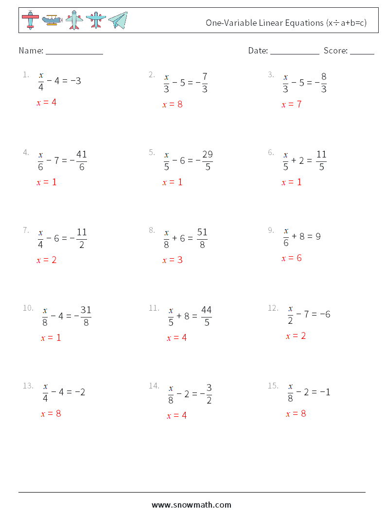 Canada one-variable linear equations (x÷a+b=c) Math Worksheets 2Math ...