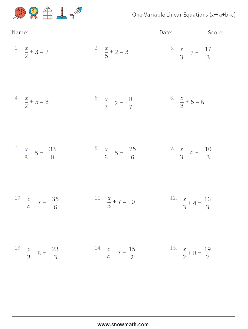 Canada one-variable linear equations (x÷a+b=c) Math Worksheets 3Math ...