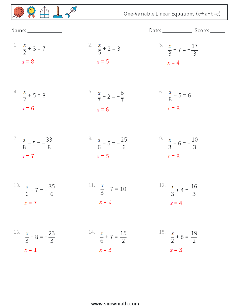 Canada one-variable linear equations (x÷a+b=c) Math Worksheets 3Math ...