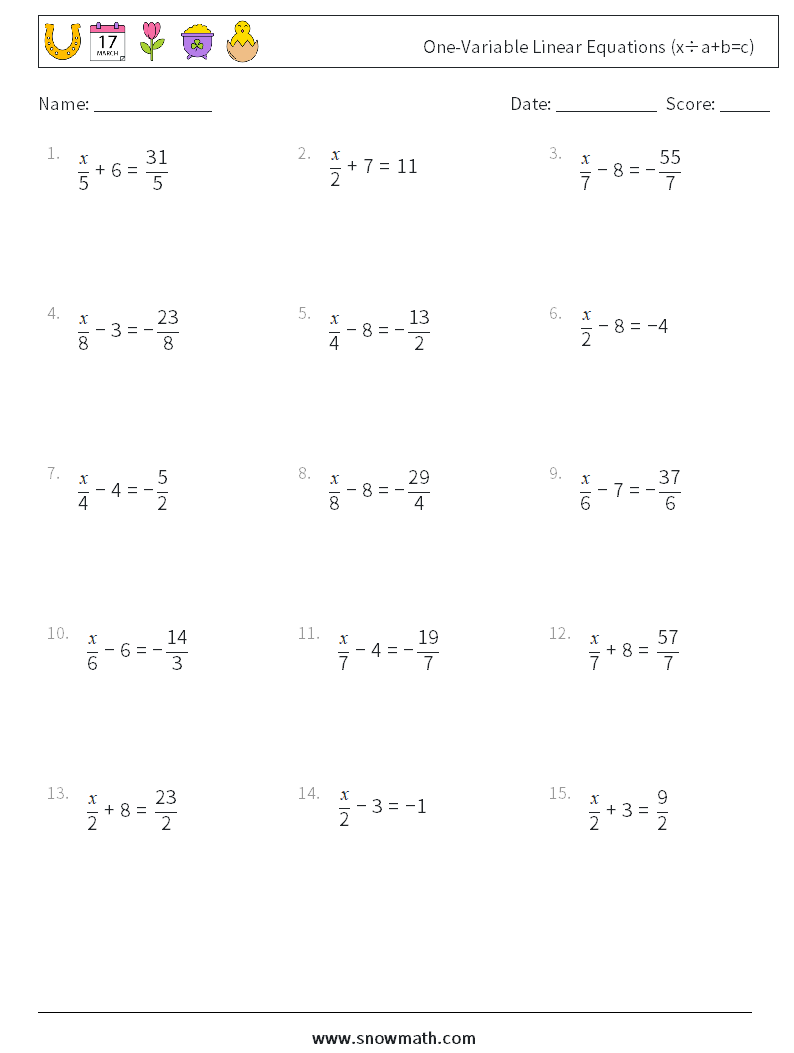 Canada one-variable linear equations (x÷a+b=c) Math Worksheets 4Math ...
