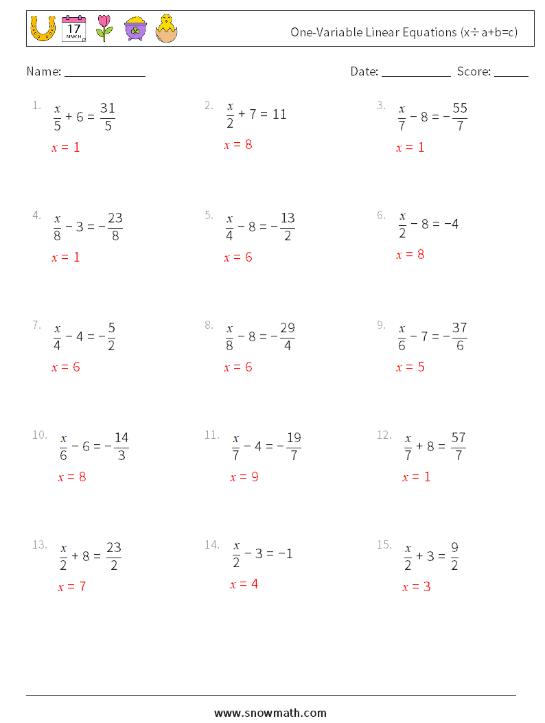 Canada one-variable linear equations (x÷a+b=c) Math Worksheets 4Math ...
