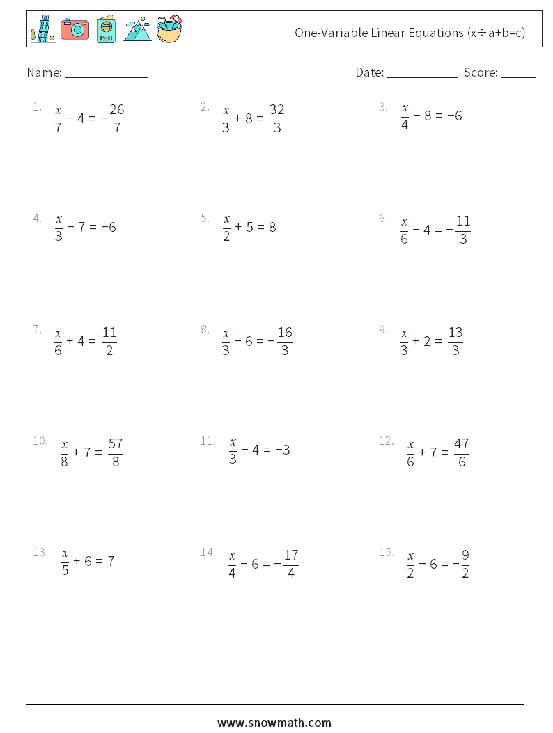 Canada one-variable linear equations (x÷a+b=c) Math Worksheets 5Math ...