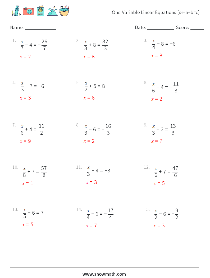 Canada one-variable linear equations (x÷a+b=c) Math Worksheets 5Math ...