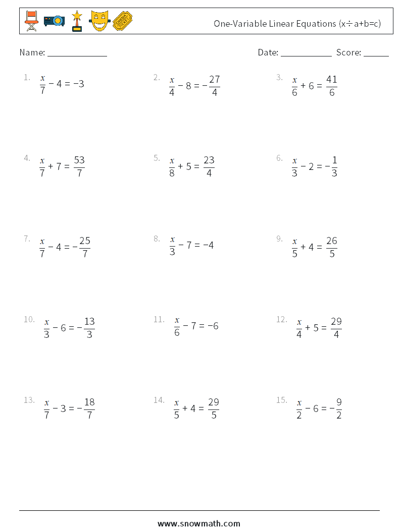 Canada one-variable linear equations (x÷a+b=c) Math Worksheets 6Math ...