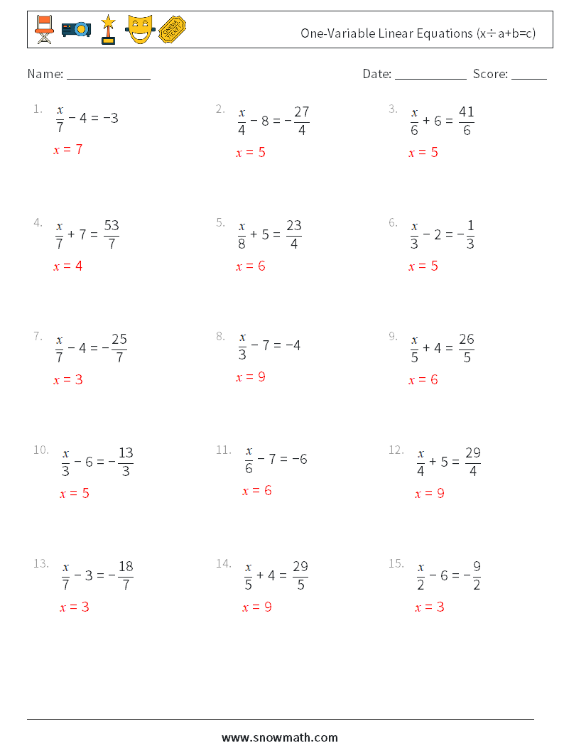 Canada one-variable linear equations (x÷a+b=c) Math Worksheets 6Math ...