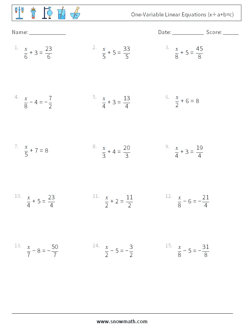 Canada one-variable linear equations (x÷a+b=c) Math Worksheets 7Math ...