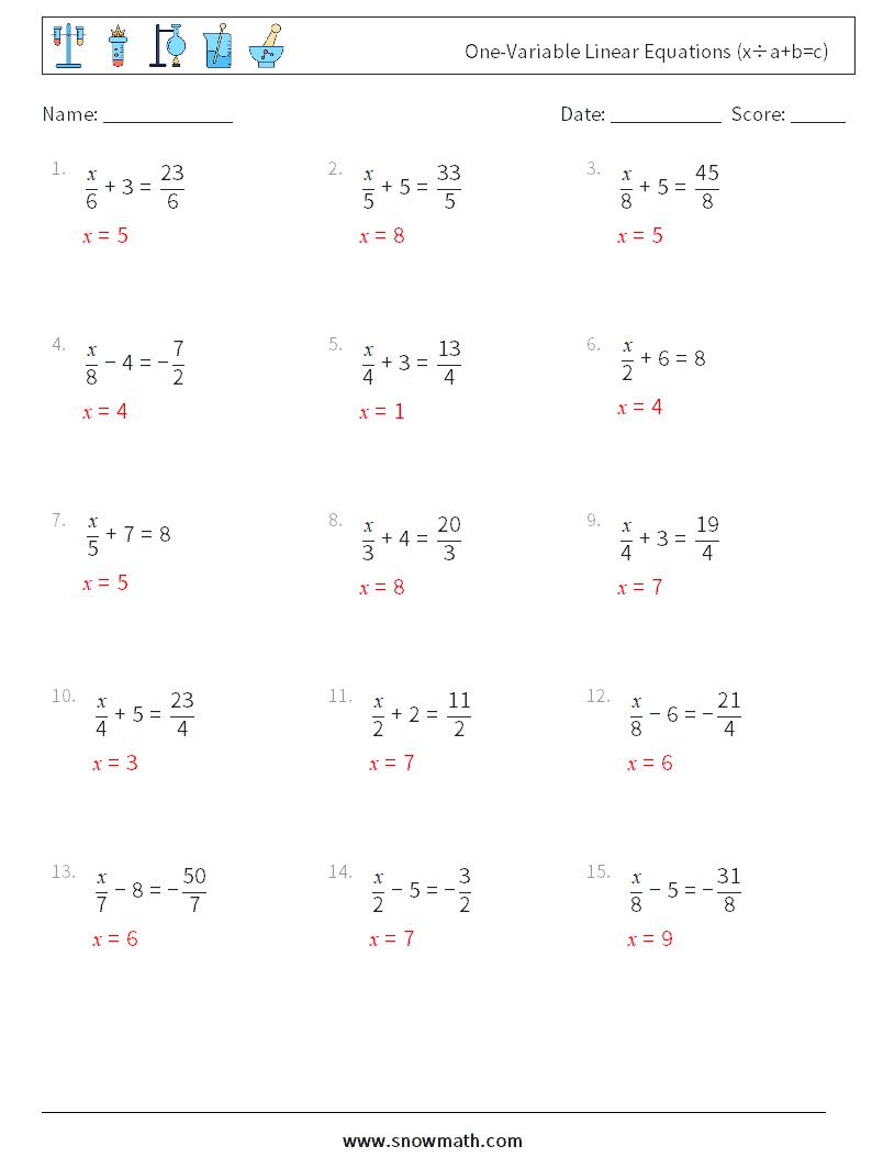 Canada one-variable linear equations (x÷a+b=c) Math Worksheets 7Math ...