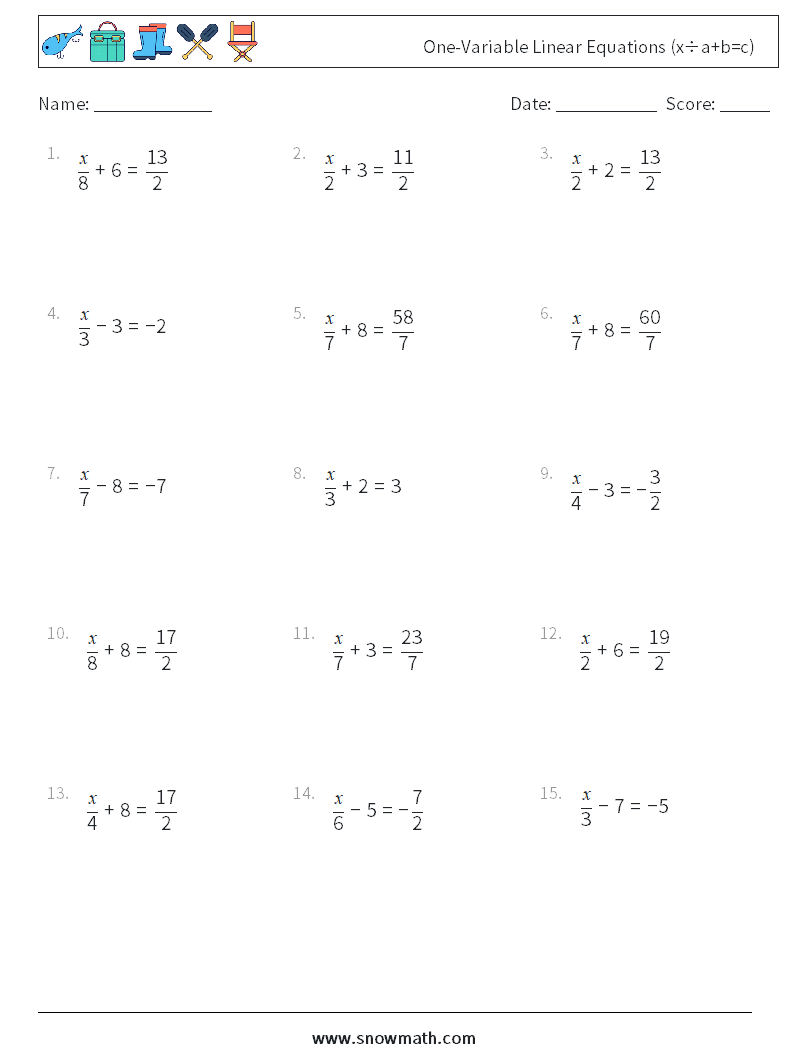 Canada one-variable linear equations (x÷a+b=c) Math Worksheets 8Math ...