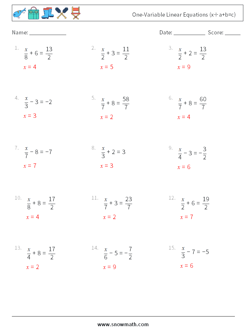 Canada one-variable linear equations (x÷a+b=c) Math Worksheets 8Math ...