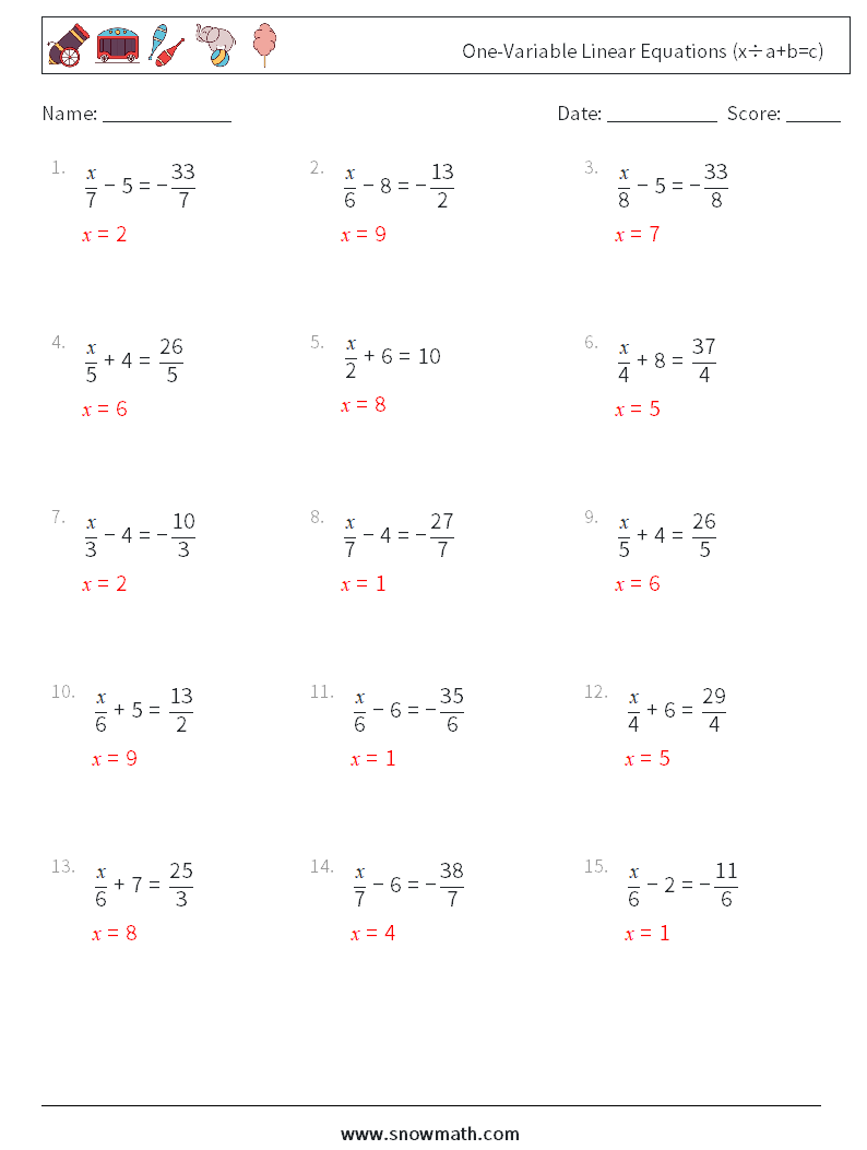 Canada one-variable linear equations (x÷a+b=c) Math Worksheets 9Math ...