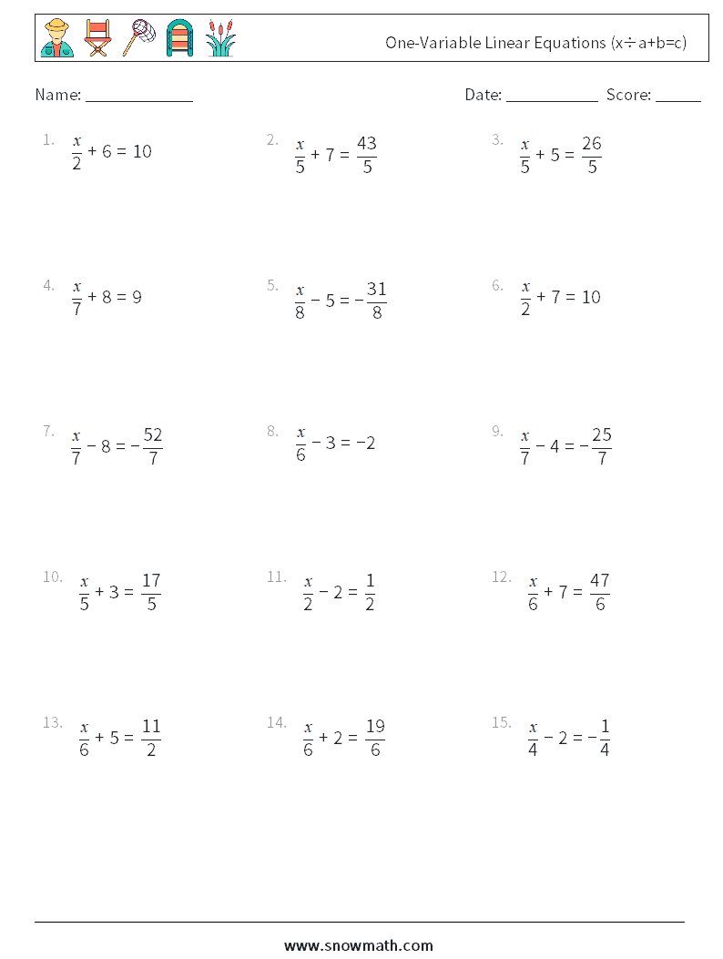 One-Variable Linear Equations (x÷a+b=c) Math Worksheets 12