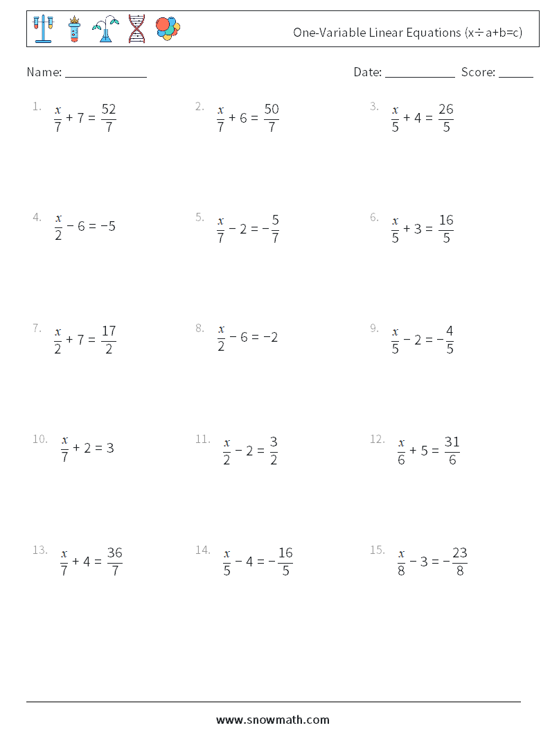 One-Variable Linear Equations (x÷a+b=c) Math Worksheets 16