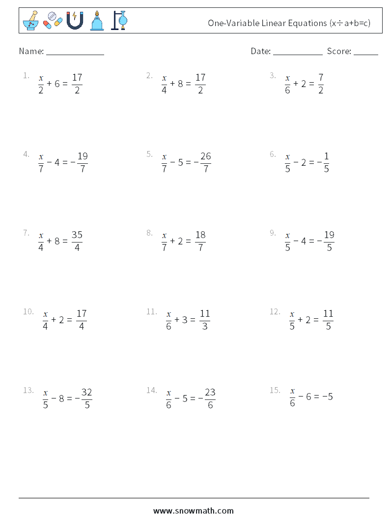 One-Variable Linear Equations (x÷a+b=c) Math Worksheets 17