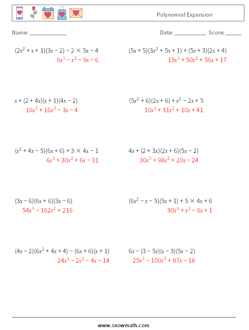 Polynomial Expansion Math Worksheets 5 Question, Answer