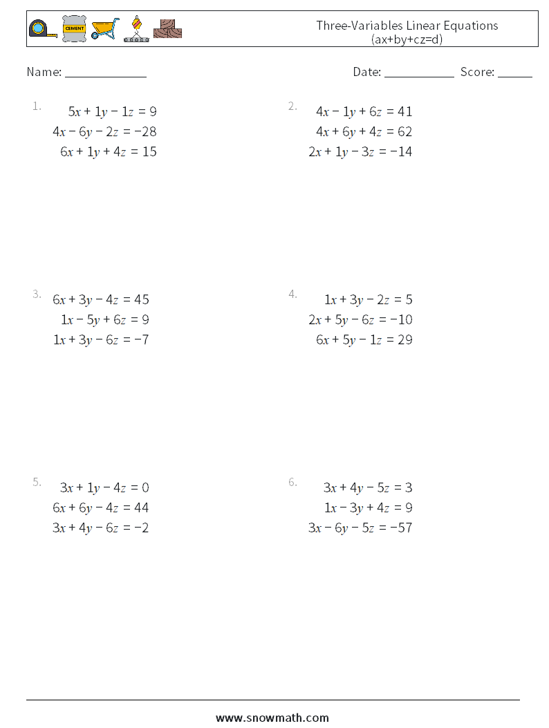 Three-Variables Linear Equations (ax+by+cz=d) Math Worksheets 10